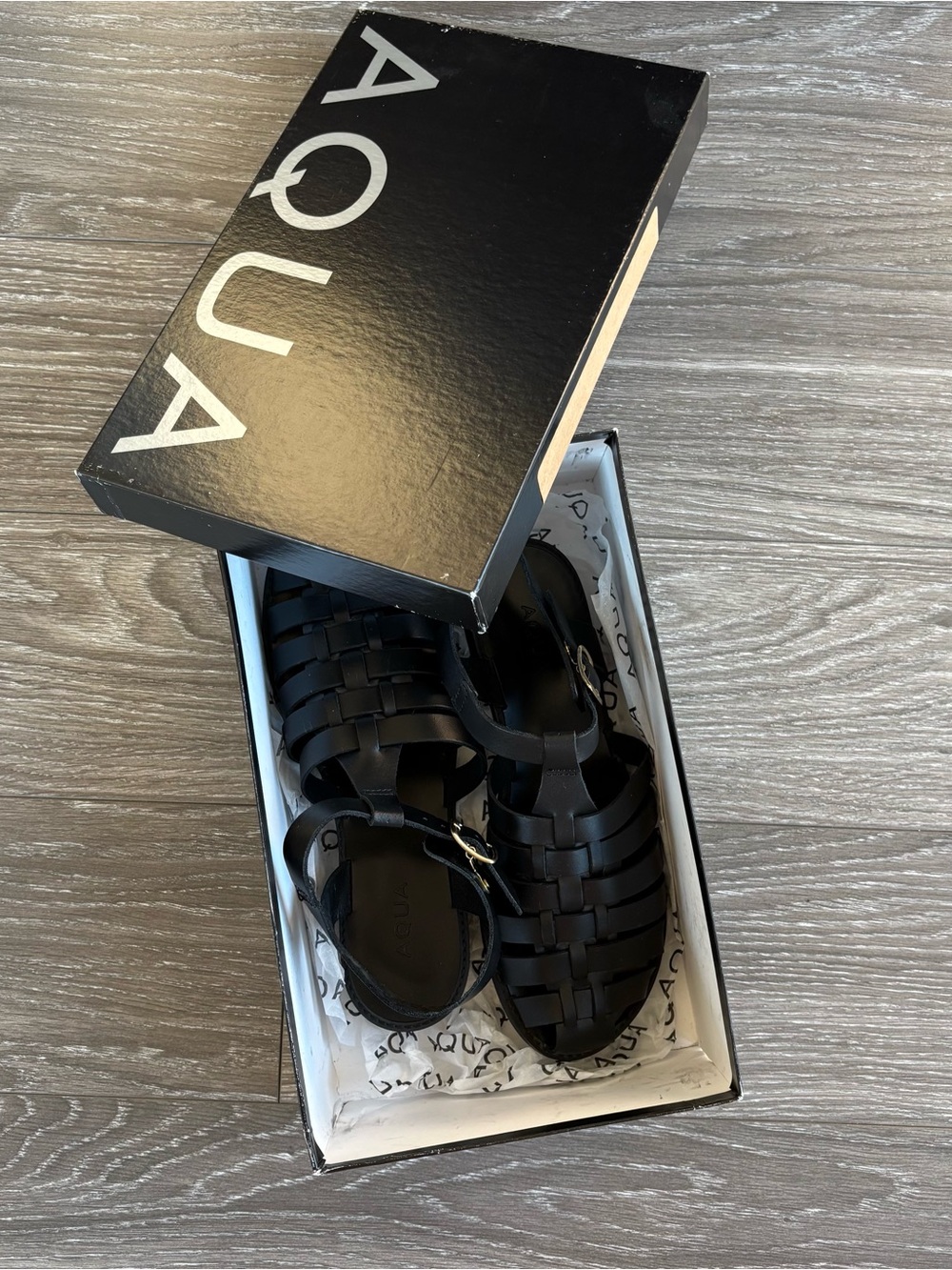 Aqua Black Woven Leather Buckle Sandals